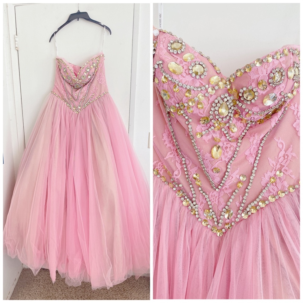 PINK BLUSH SOFT CRYSTAL LACE SHERRI HILL PRINCESS WEDDING PROM BALLGOWN SIZE 12